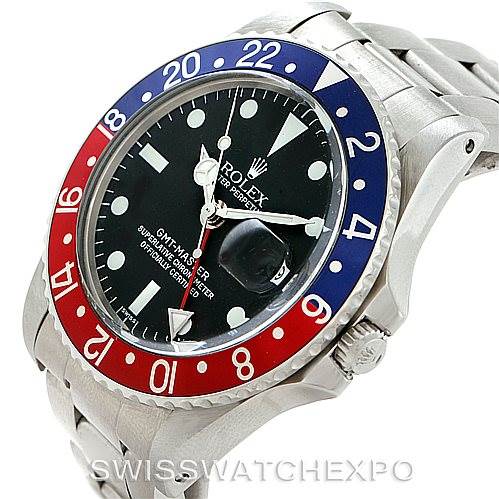 The image shows a Rolex Vintage Collection 1675 Men's Stainless Steel Black Dial 1675 Men's Stainless Steel Black Dial watch from an angled side view, highlighting the bezel, dial, and part of the bracelet.