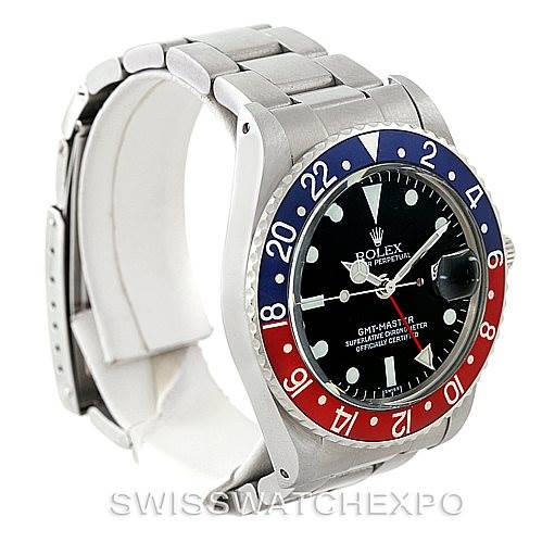 The image shows a Rolex Vintage Collection 1675 Men's Stainless Steel Black Dial 1675 Men's Stainless Steel Black Dial GMT-Master II watch featuring the bezel, dial, and bracelet band from an angle slightly above the front of the watch.