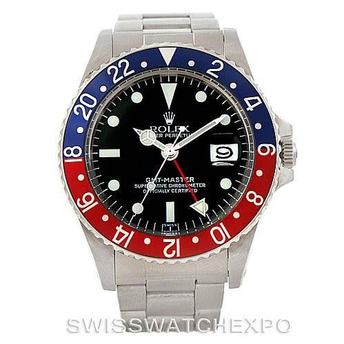 This image shows a front view of a Rolex Vintage Collection 1675 Men's Stainless Steel Black Dial 1675 Men's Stainless Steel Black Dial GMT-Master watch with a red and blue bezel and a stainless steel bracelet.