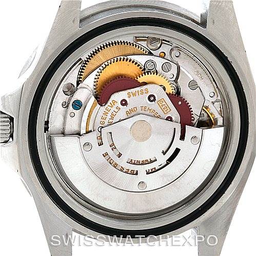 The image shows the back view of a Rolex Vintage Collection 1675 Men's Stainless Steel Black Dial 1675 Men's Stainless Steel Black Dial model, highlighting its exposed internal gears and movement mechanism.