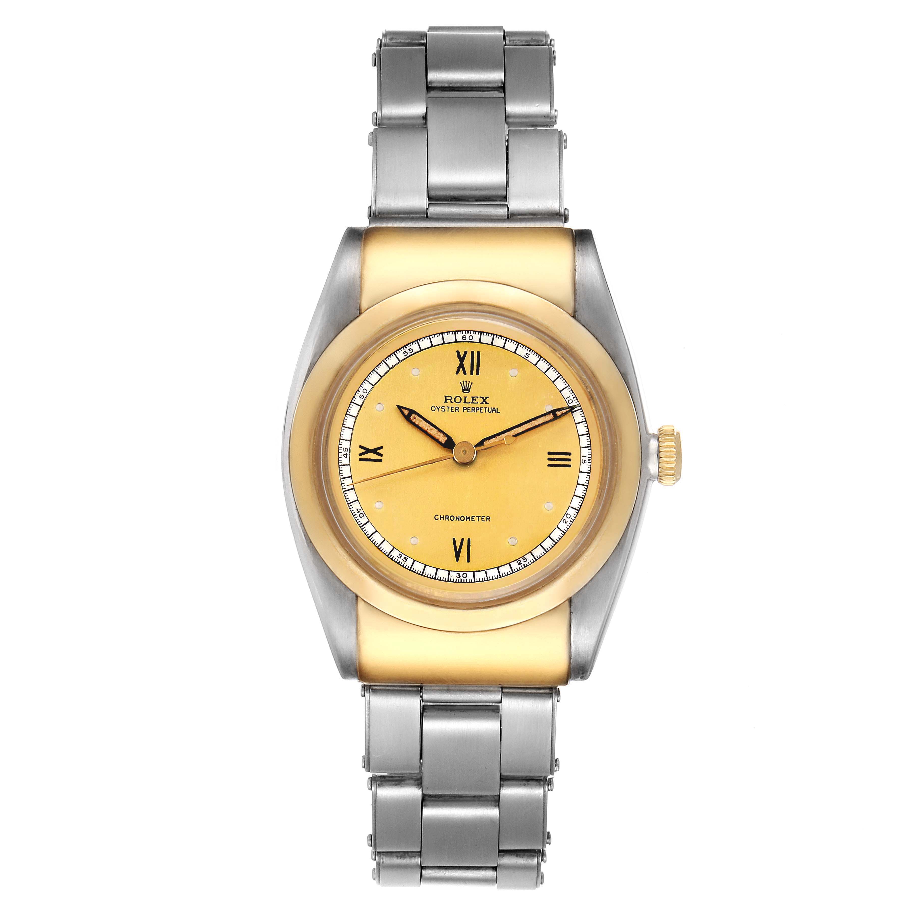 This image shows a frontal view of the Rolex Vintage Collection 3065 Men's Steel and Gold (two tone) Champagne Dial 3065 Men's Steel and Gold (two tone) Champagne Dial watch, featuring its dial, bezel, and stainless steel bracelet.