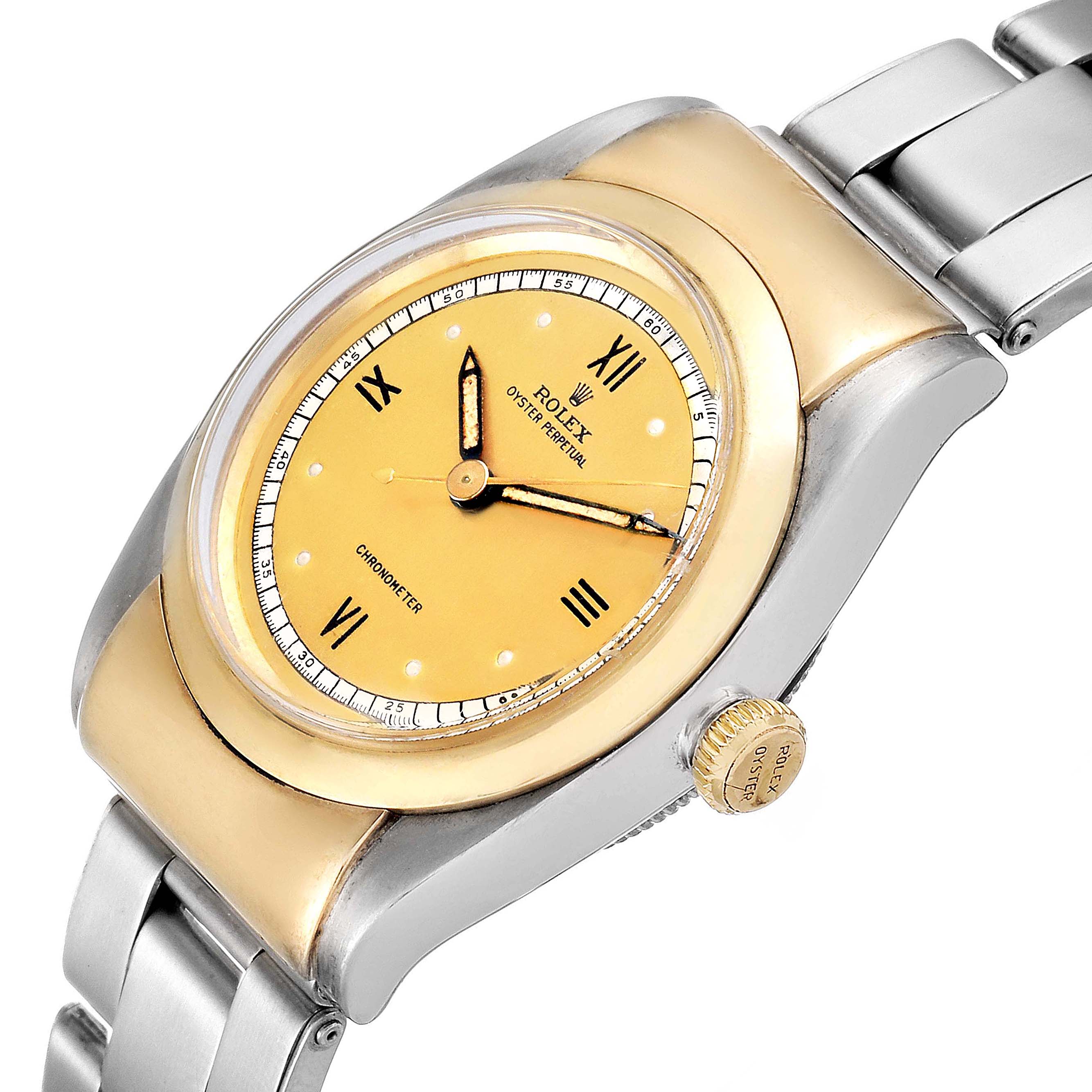 The image shows a side-angle view of the Rolex Vintage Collection 3065 Men's Steel and Gold (two tone) Champagne Dial 3065 Men's Steel and Gold (two tone) Champagne Dial watch, highlighting the dial, crown, and part of the bracelet.