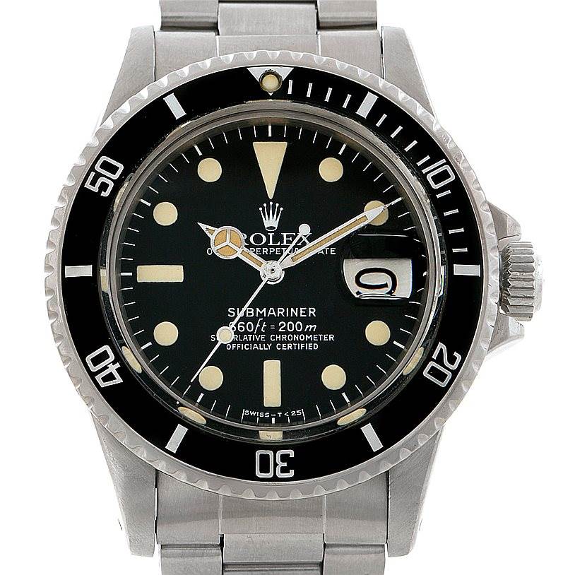 The image shows a front view of a Rolex Vintage Collection 1680 Men's Stainless Steel Black Dial 1680 Men's Stainless Steel Black Dial Submariner watch, highlighting the bezel, dial, and bracelet.