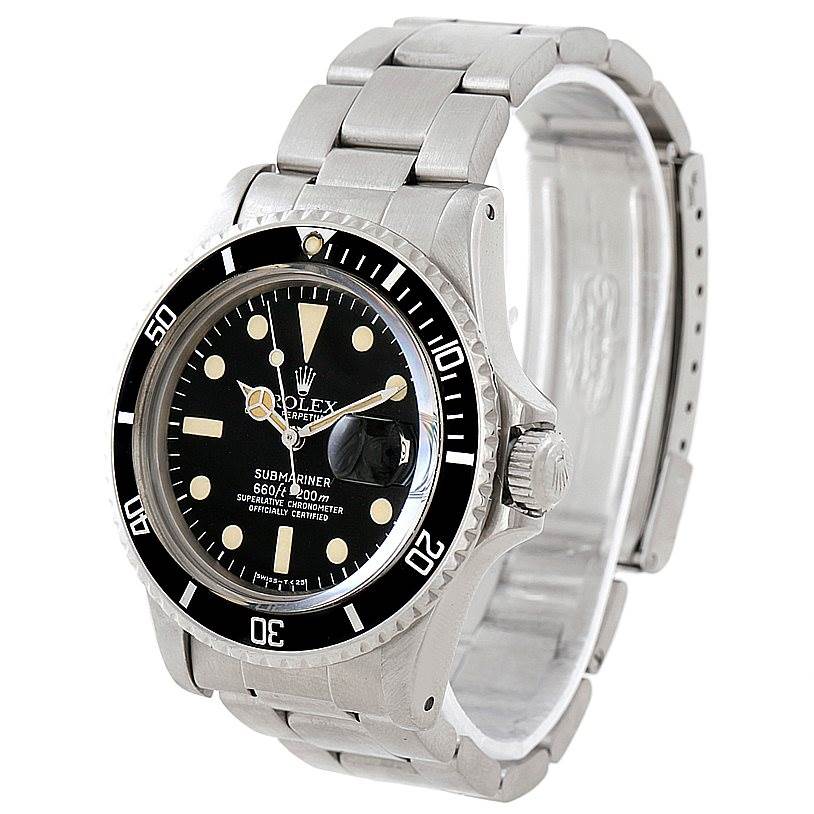 The image shows a front-side angle of a Rolex Vintage Collection 1680 Men's Stainless Steel Black Dial 1680 Men's Stainless Steel Black Dial Submariner, highlighting its stainless steel bracelet and black dial.
