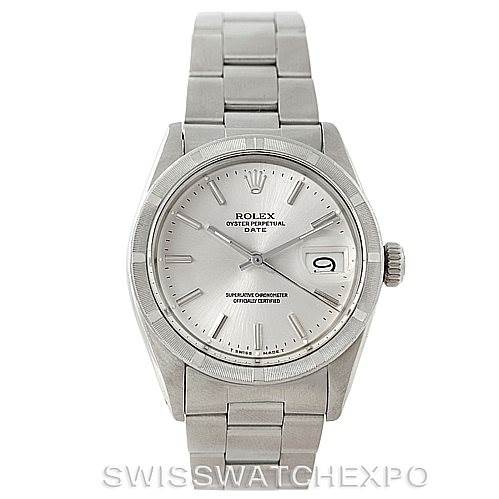 The image shows a front view of the Rolex Vintage Collection 1501 Men's Stainless Steel Silver Dial 1501 Men's Stainless Steel Silver Dial watch, featuring the face, bezel, crown, case, and bracelet.