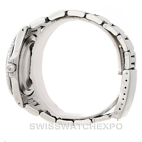 Side profile view of the Rolex Vintage Collection 1675 Men's Stainless Steel Black Dial 1675 Men's Stainless Steel Black Dial watch, showing the case, crown, and bracelet.