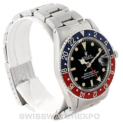 The image shows a Rolex Vintage Collection 1675 Men's Stainless Steel Black Dial 1675 Men's Stainless Steel Black Dial GMT-Master watch from an angled side view, highlighting its face, bezel, and bracelet.