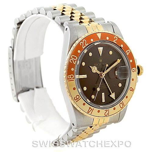 This image shows a side angle of the Rolex Vintage Collection 16753 Men's Stainless Steel Brown Dial 16753 Men's Stainless Steel Brown Dial watch, highlighting the bezel, dial, crown, and bracelet.