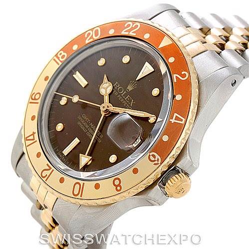 The image shows a Rolex Vintage Collection 16753 Men's Stainless Steel Brown Dial 16753 Men's Stainless Steel Brown Dial watch at an angled close-up, highlighting the face, bezel, crown, and part of the bracelet.