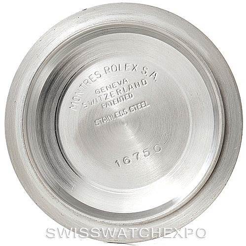 This image shows the inside of the case back of a Rolex Vintage Collection 16753 Men's Stainless Steel Brown Dial 16753 Men's Stainless Steel Brown Dial watch, featuring engraved text and the serial number.