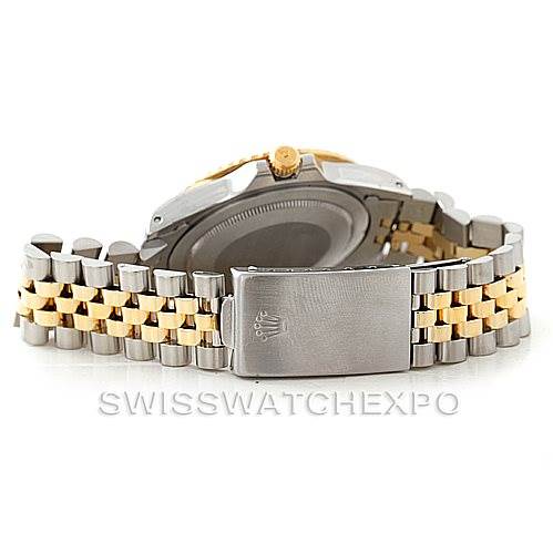 The image shows the back and clasp of a Rolex Vintage Collection 16753 Men's Stainless Steel Brown Dial 16753 Men's Stainless Steel Brown Dial watch, highlighting the two-tone bracelet and watch case.