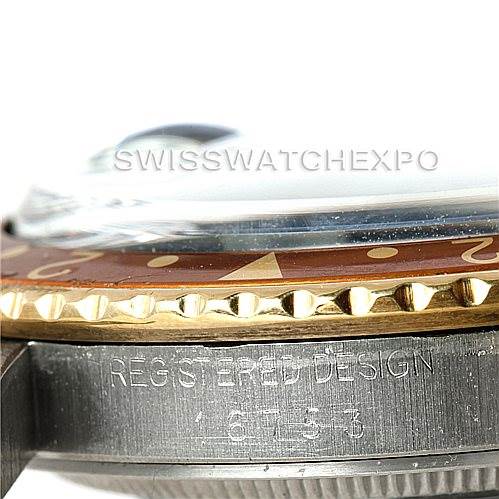 The image shows a close-up side view of the bezel and case, displaying the "REGISTERED DESIGN" engraving on the Rolex Vintage Collection 16753 Men's Stainless Steel Brown Dial 16753 Men's Stainless Steel Brown Dial watch.