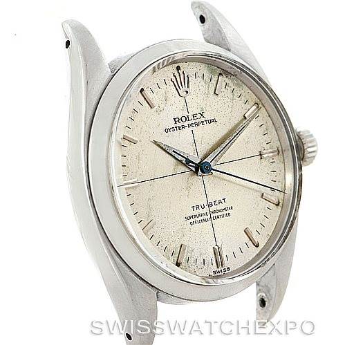 This image shows the dial, hands, and case of a Rolex Vintage Collection 6556 Men's Stainless Steel Silver Dial 6556 Men's Stainless Steel Silver Dial Oyster Perpetual Trubeat watch from an angled perspective.