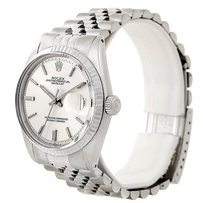 The image shows a side angle of the Rolex Vintage Collection 1601 Men's Stainless Steel Silver Dial 1601 Men's Stainless Steel Silver Dial model, displaying the dial, crown, and bracelet.