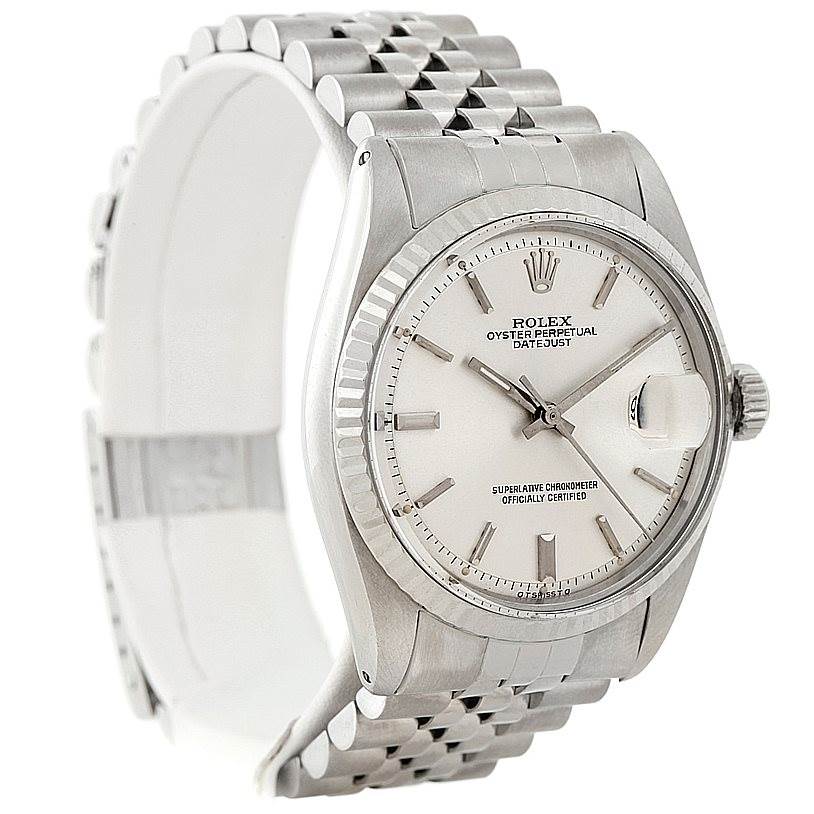 The image shows a Rolex Vintage Collection 1601 Men's Stainless Steel Silver Dial 1601 Men's Stainless Steel Silver Dial model in a slightly tilted angle, highlighting the watch face, bezel, and part of the bracelet.