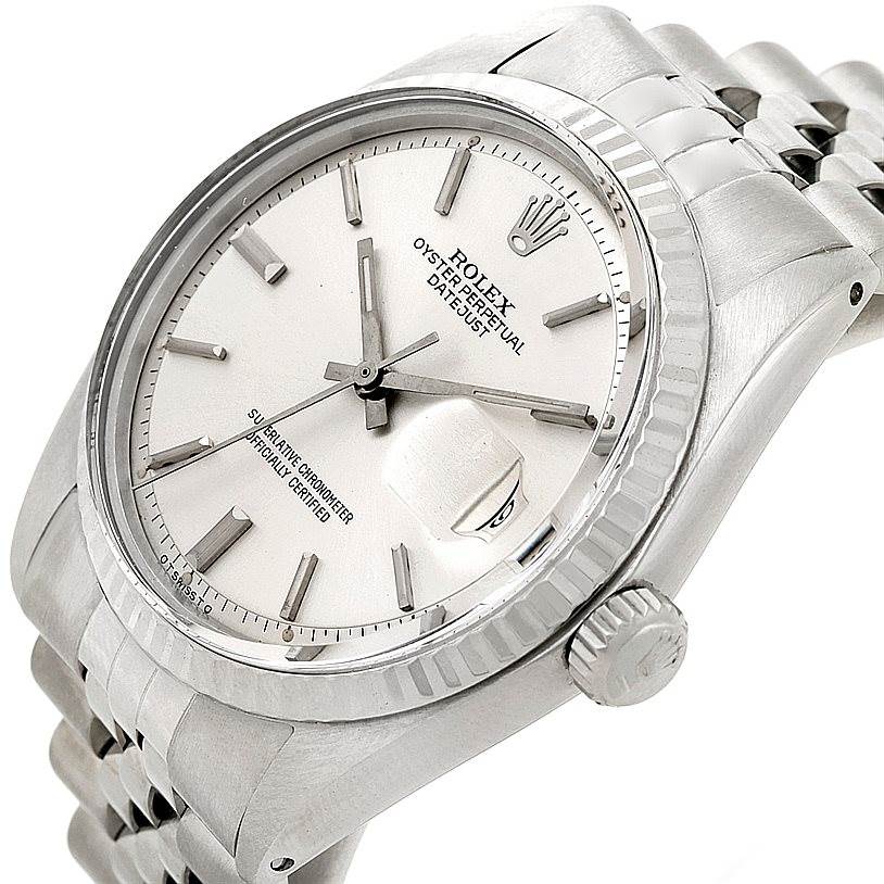 This image shows a side angle view of a Rolex Vintage Collection 1601 Men's Stainless Steel Silver Dial 1601 Men's Stainless Steel Silver Dial Datejust model, highlighting the dial, crown, and bracelet.