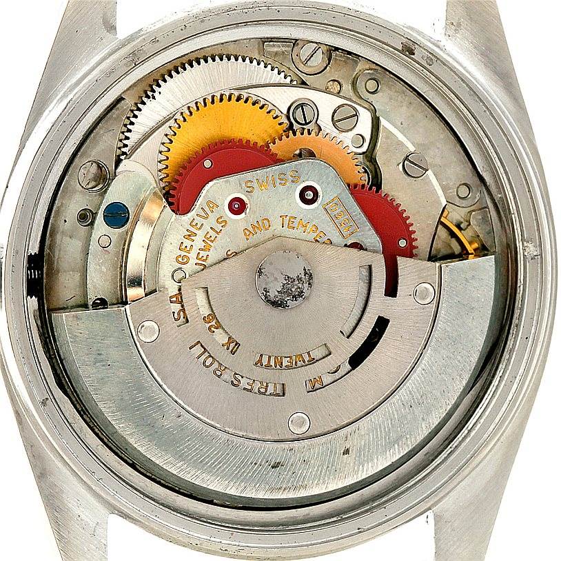 This image shows the back view of a Rolex Vintage Collection 1601 Men's Stainless Steel Silver Dial 1601 Men's Stainless Steel Silver Dial model, highlighting the intricate inner mechanical components.