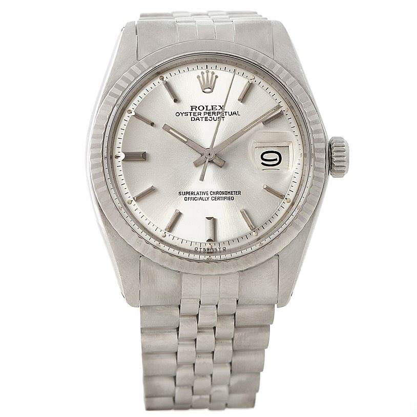 The image shows a front view of a Rolex Vintage Collection 1601 Men's Stainless Steel Silver Dial 1601 Men's Stainless Steel Silver Dial Oyster Perpetual Datejust watch, highlighting the face, hands, bezel, and bracelet.