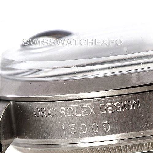 The image shows a close-up side view of a Rolex Vintage Collection 15000 Men's Stainless Steel Blue Dial 15000 Men's Stainless Steel Blue Dial watch, highlighting the casing and model number 15000.