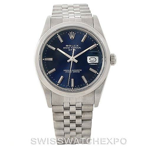 The image shows a front view of a Rolex Vintage Collection 15000 Men's Stainless Steel Blue Dial 15000 Men's Stainless Steel Blue Dial watch featuring a blue dial and silver bracelet.