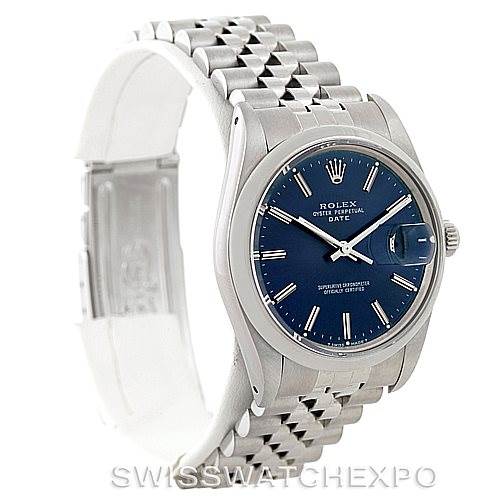 The image shows a side angle of the Rolex Vintage Collection 15000 Men's Stainless Steel Blue Dial 15000 Men's Stainless Steel Blue Dial model watch, highlighting its blue dial, date feature, and stainless steel bracelet.