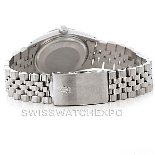 The image shows the back view of a Rolex Vintage Collection 15000 Men's Stainless Steel Blue Dial 15000 Men's Stainless Steel Blue Dial watch, highlighting its clasp and bracelet.