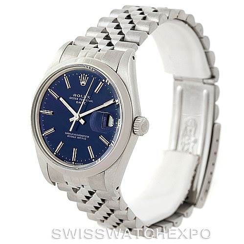 This image shows a Rolex Vintage Collection 15000 Men's Stainless Steel Blue Dial 15000 Men's Stainless Steel Blue Dial watch at a three-quarter view, highlighting the blue dial and jubilee bracelet.