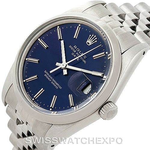 The image shows a close-up, angled view of the Rolex Vintage Collection 15000 Men's Stainless Steel Blue Dial 15000 Men's Stainless Steel Blue Dial watch, highlighting its bracelet, dial, and crown.