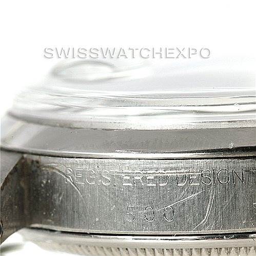 The image shows a side angle of a Rolex Vintage Collection 1500 Men's Stainless Steel White Dial 1500 Men's Stainless Steel White Dial watch, highlighting the case and the "REGISTERED DESIGN 1500" engraving.