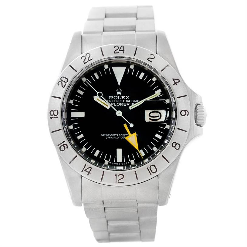 The Rolex Vintage Collection 1655 Men's Stainless Steel Black Dial 1655 Men's Stainless Steel Black Dial watch model is shown from a frontal angle, displaying its dial, bezel, and bracelet.