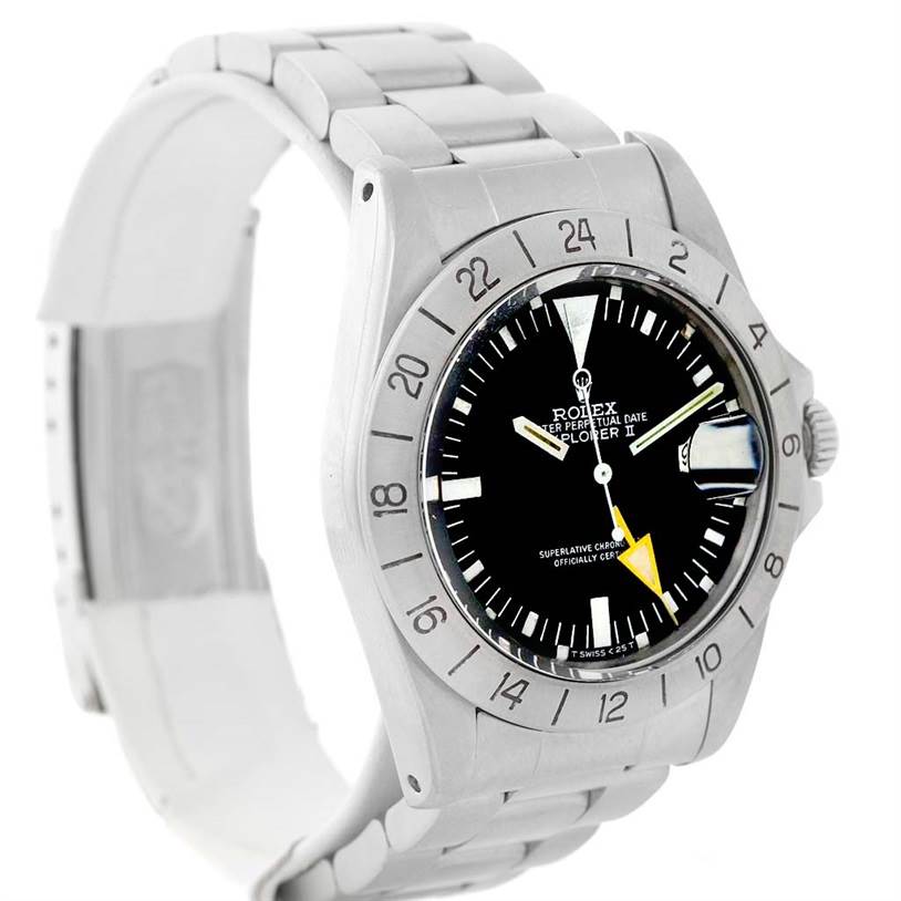 The image shows a Rolex Vintage Collection 1655 Men's Stainless Steel Black Dial 1655 Men's Stainless Steel Black Dial model watch angled to display the face, bezel, crown, and part of the bracelet.