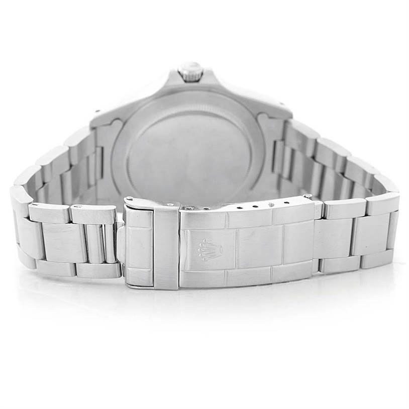 The image shows the back view of a Rolex Vintage Collection 1655 Men's Stainless Steel Black Dial 1655 Men's Stainless Steel Black Dial watch, including the case back and bracelet clasp.