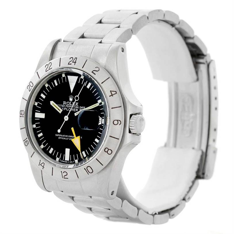 The Rolex Vintage Collection 1655 Men's Stainless Steel Black Dial 1655 Men's Stainless Steel Black Dial model watch is shown from a three-quarter angle, highlighting the dial, bezel, crown, and bracelet.