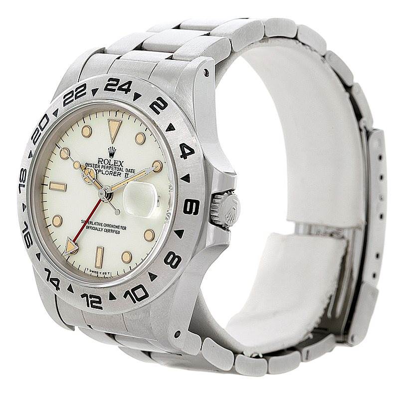 The image shows a Rolex Vintage Collection 16550 Men's Stainless Steel Beige Dial 16550 Men's Stainless Steel Beige Dial Oyster Perpetual Date Explorer II, angled to display the face, crown, and bracelet.