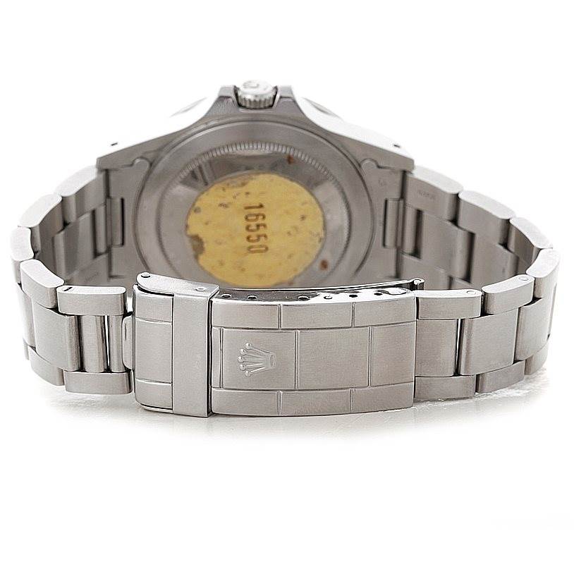 The image shows the back view of a Rolex Vintage Collection 16550 Men's Stainless Steel Beige Dial 16550 Men's Stainless Steel Beige Dial watch, highlighting its clasp and bracelet.