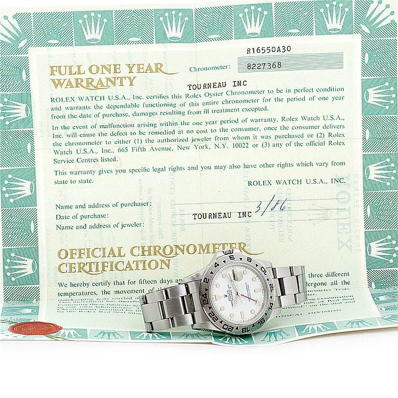 The image shows a Rolex Vintage Collection 16550 Men's Stainless Steel Beige Dial 16550 Men's Stainless Steel Beige Dial watch laid flat with its warranty and chronometer certification documents.