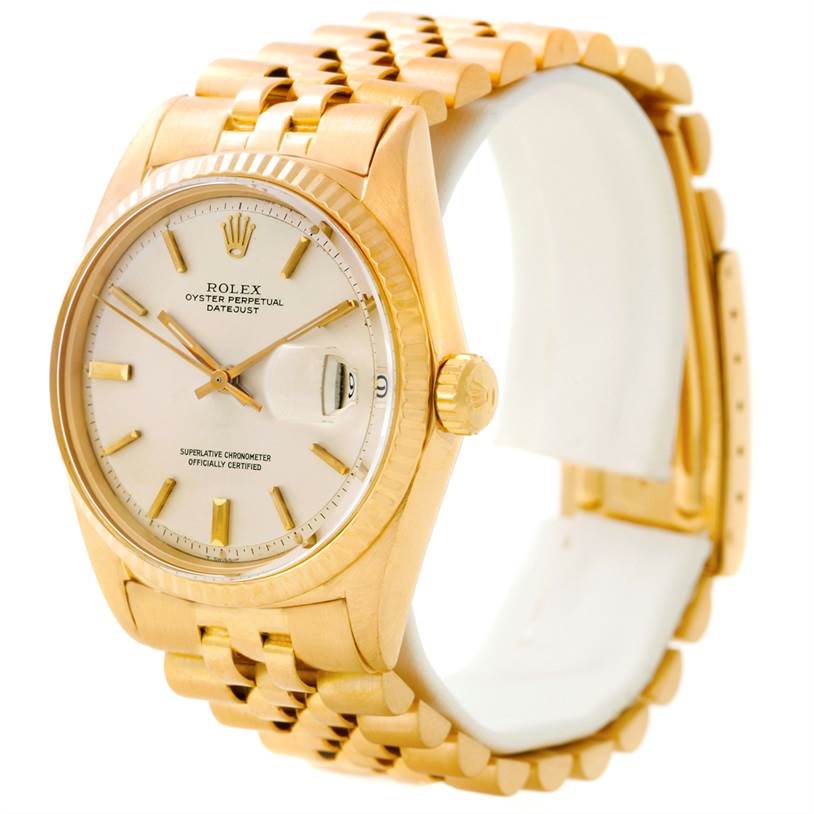 The Rolex Vintage Collection 1601 Men's Yellow Gold Silver Dial 1601 Men's Yellow Gold Silver Dial model watch is shown at an oblique angle, highlighting the face, bezel, crown, and bracelet.