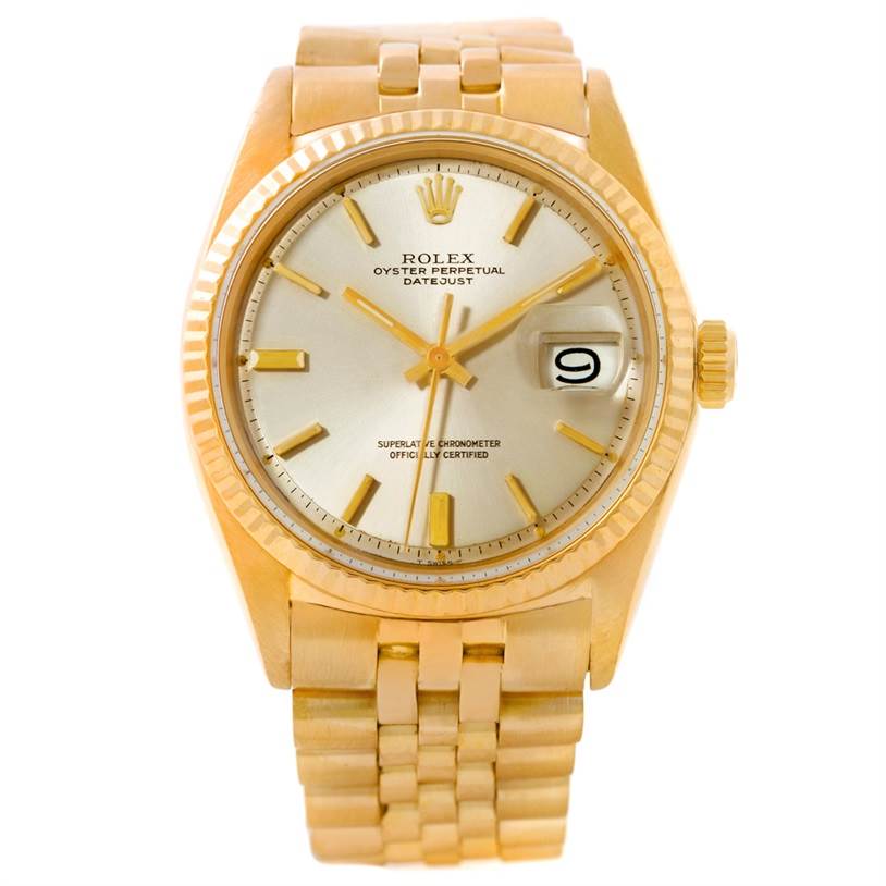 The Rolex Vintage Collection 1601 Men's Yellow Gold Silver Dial 1601 Men's Yellow Gold Silver Dial model is shown from a front angle, displaying its gold dial, bezel, and bracelet.