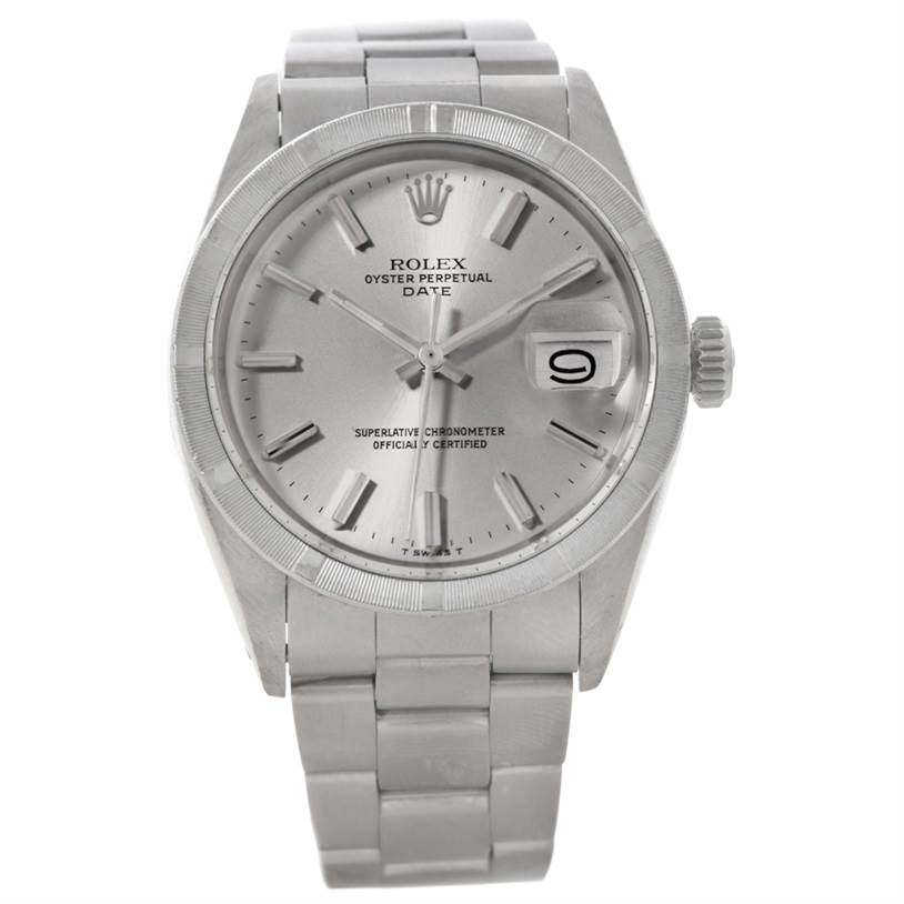 The image shows a front view of the Rolex Vintage Collection 1501 Men's Stainless Steel Silver Dial 1501 Men's Stainless Steel Silver Dial Oyster Perpetual Date watch, displaying the face, hands, and bracelet.