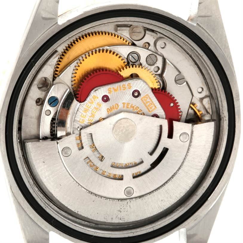 The image shows the internal movement mechanism of the Rolex Vintage Collection 1625 Men's Steel and Gold (two tone) Silver Dial 1625 Men's Steel and Gold (two tone) Silver Dial model from a back view.