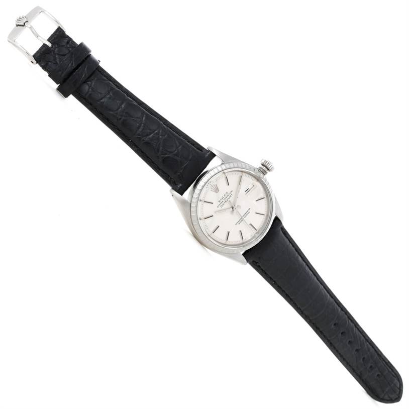 The Rolex Vintage Collection 1603 Men's Stainless Steel Silver Dial 1603 Men's Stainless Steel Silver Dial model watch is shown at a slight diagonal angle, displaying the entire face, case, and black leather strap.