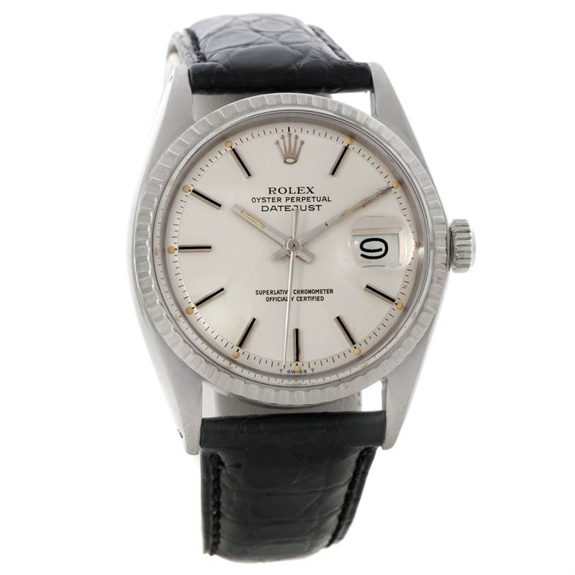 This image shows a front view of the Rolex Vintage Collection 1603 Men's Stainless Steel Silver Dial 1603 Men's Stainless Steel Silver Dial Datejust watch, displaying its dial, bezel, and strap.