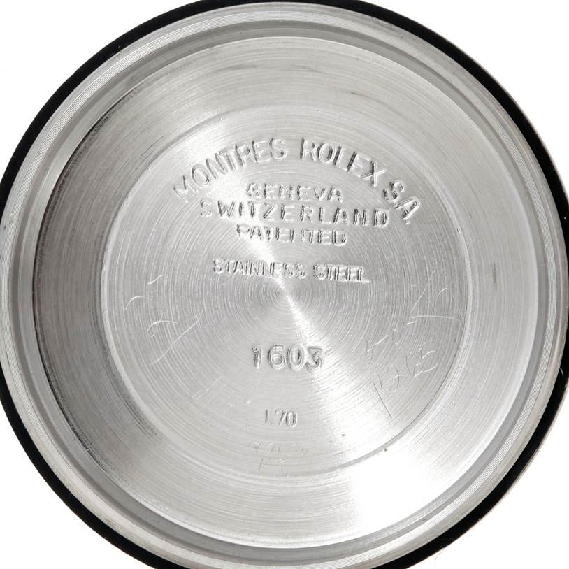 This is the inner case back of the Rolex Vintage Collection 1603 Men's Stainless Steel Silver Dial 1603 Men's Stainless Steel Silver Dial model 1603, showing inscriptions and model details.