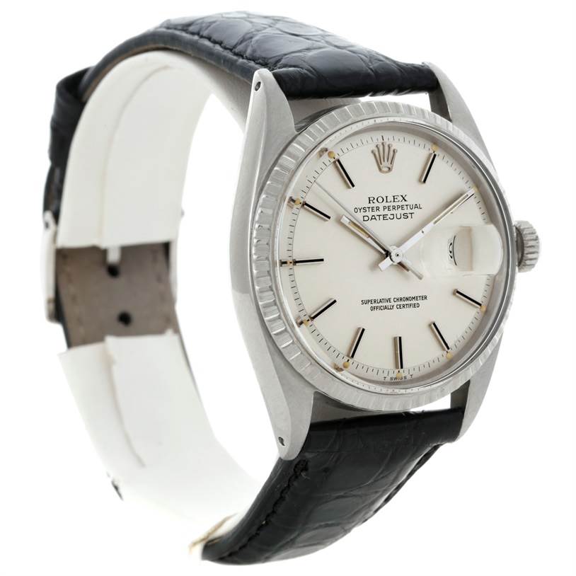 The image shows a side-front angle of the Rolex Vintage Collection 1603 Men's Stainless Steel Silver Dial 1603 Men's Stainless Steel Silver Dial Oyster Perpetual Datejust watch with a black leather strap.