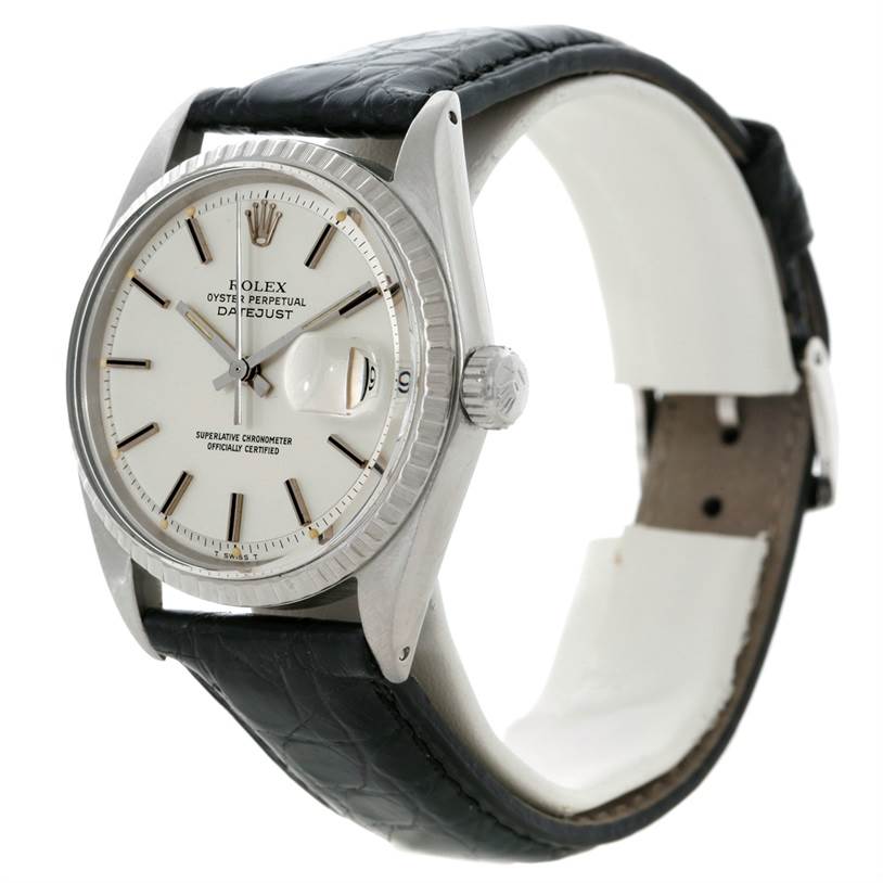 The image shows a Rolex Vintage Collection 1603 Men's Stainless Steel Silver Dial 1603 Men's Stainless Steel Silver Dial watch at a three-quarter angle, displaying the watch face, crown, and part of the leather strap.