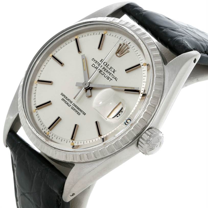 The Rolex Vintage Collection 1603 Men's Stainless Steel Silver Dial 1603 Men's Stainless Steel Silver Dial model watch is shown at an angled close-up, highlighting the dial, bezel, crown, and strap.