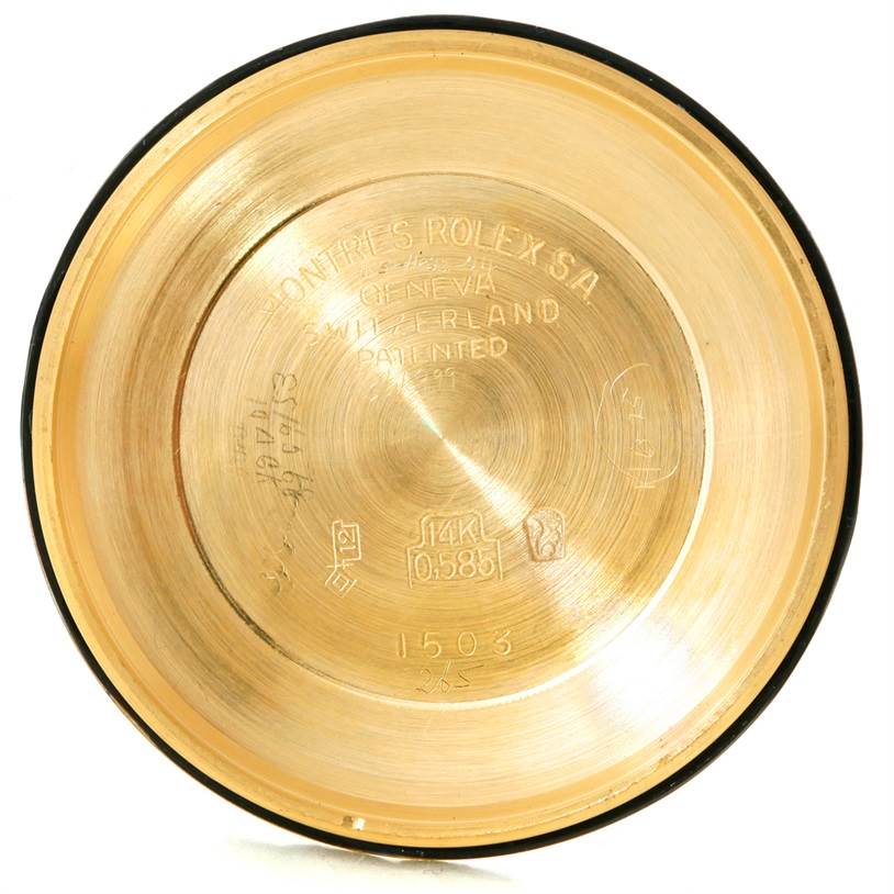 The image shows the interior case back of the Rolex Vintage Collection 1503 Men's Yellow Gold Silver Dial 1503 Men's Yellow Gold Silver Dial model, highlighting engravings and markings.