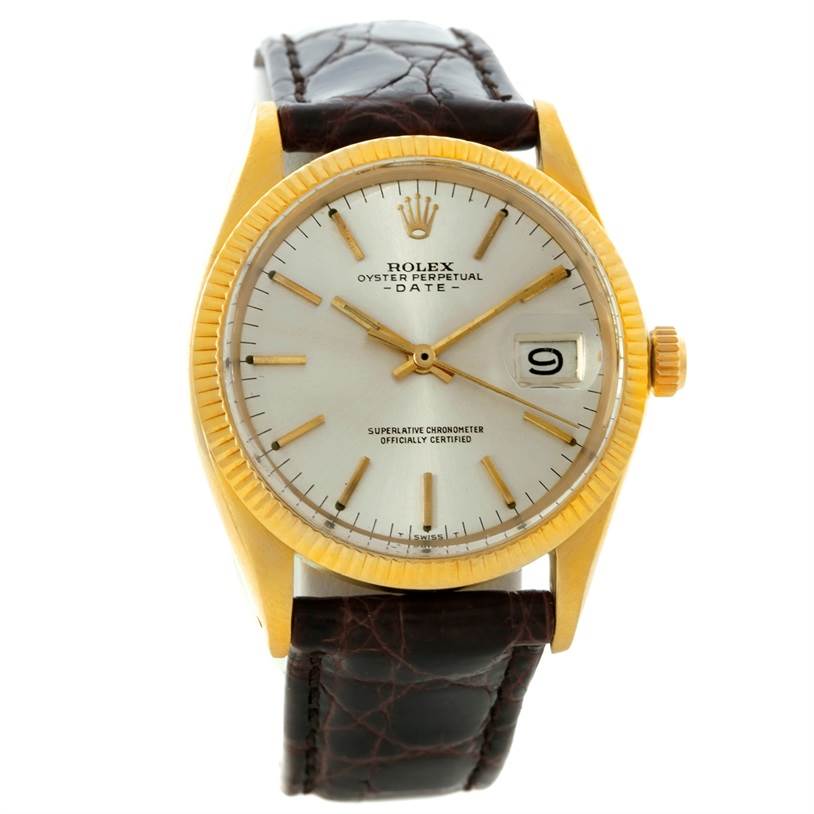 The Rolex Vintage Collection 1503 Men's Yellow Gold Silver Dial 1503 Men's Yellow Gold Silver Dial model is shown from a front angle, displaying the watch face, crown, and leather strap.