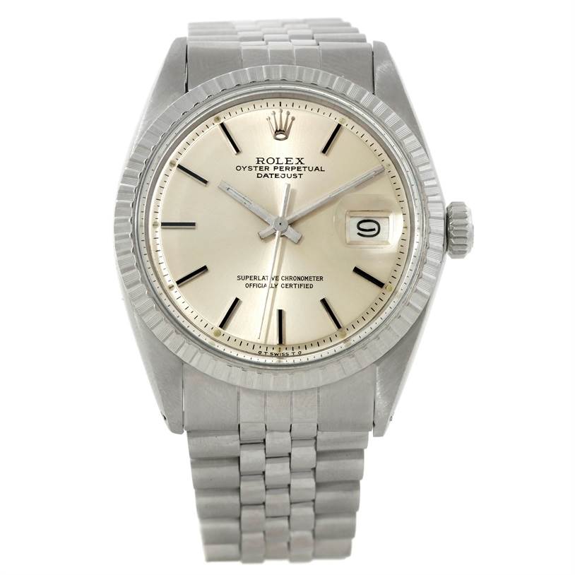 The image shows a Rolex Vintage Collection 1603 Men's Stainless Steel Silver Dial 1603 Men's Stainless Steel Silver Dial watch from the front, highlighting the dial, hands, date window, and bracelet.