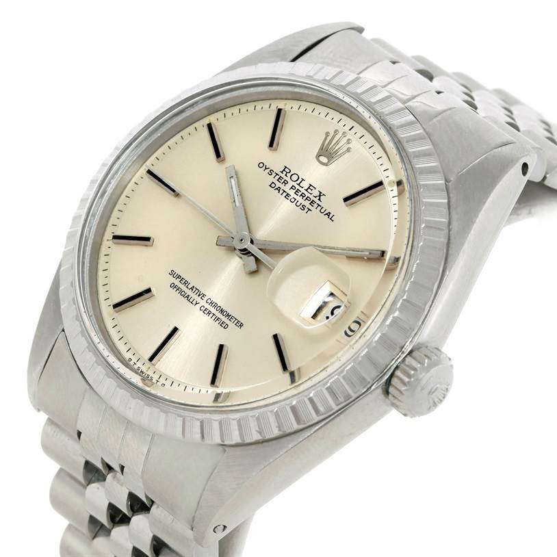 The image shows a close-up angled view of the dial, bezel, crown, and part of the bracelet of the Rolex Vintage Collection 1603 Men's Stainless Steel Silver Dial 1603 Men's Stainless Steel Silver Dial Oyster Perpetual Datejust.